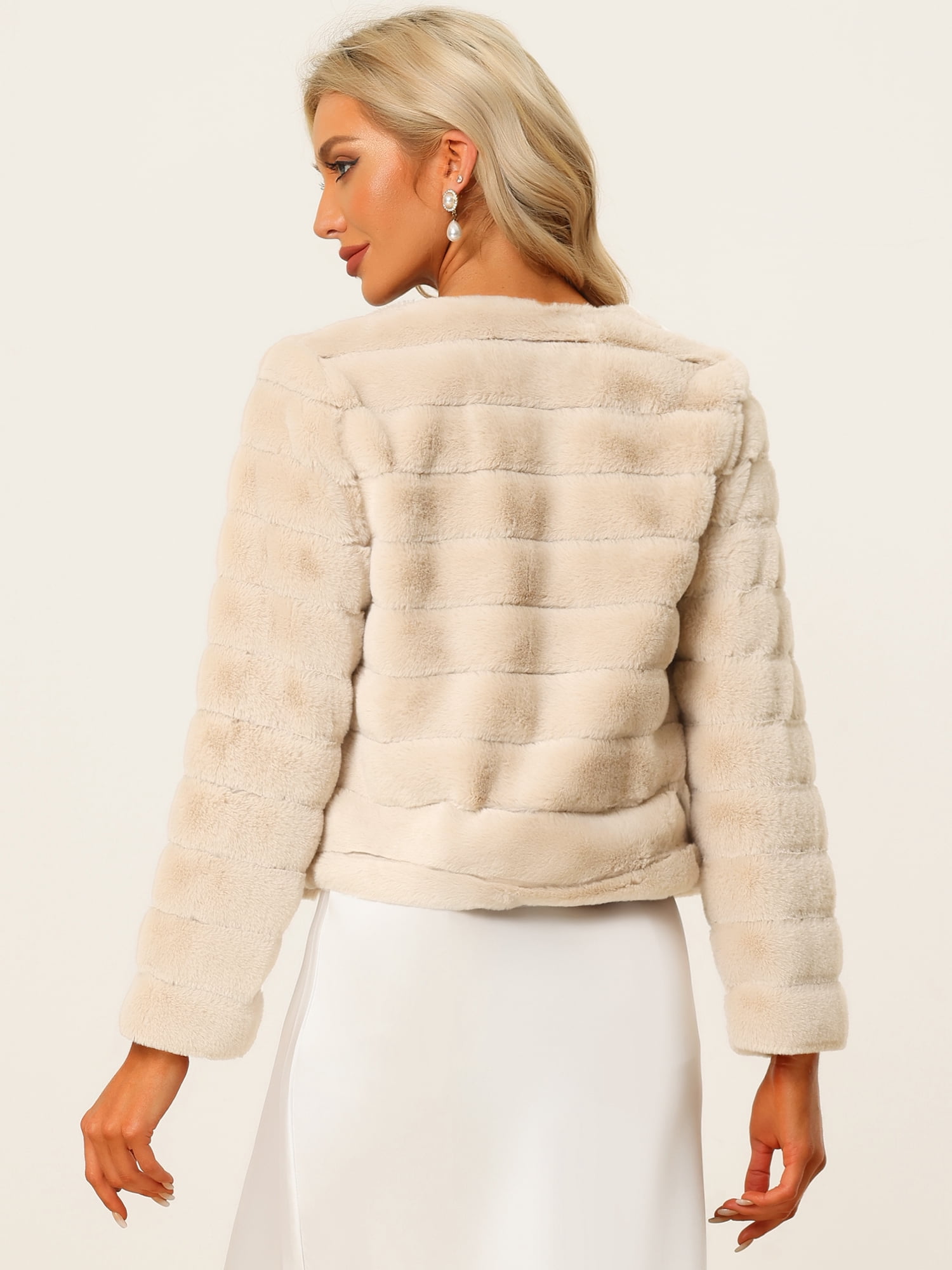 DARING DIVA Women's Long Sleeve Collarless Shaggy Soft Faux Fur Coat L Apricot