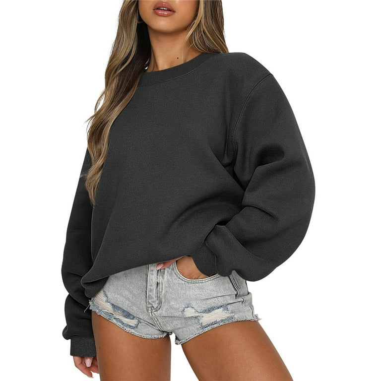 Cropped Sweatshirts for Women Teen Girls Crewneck Pullover Plain Sweatshirt  Sweater Y2k Long Sleeve Fall Tops (X-Large, Black) 