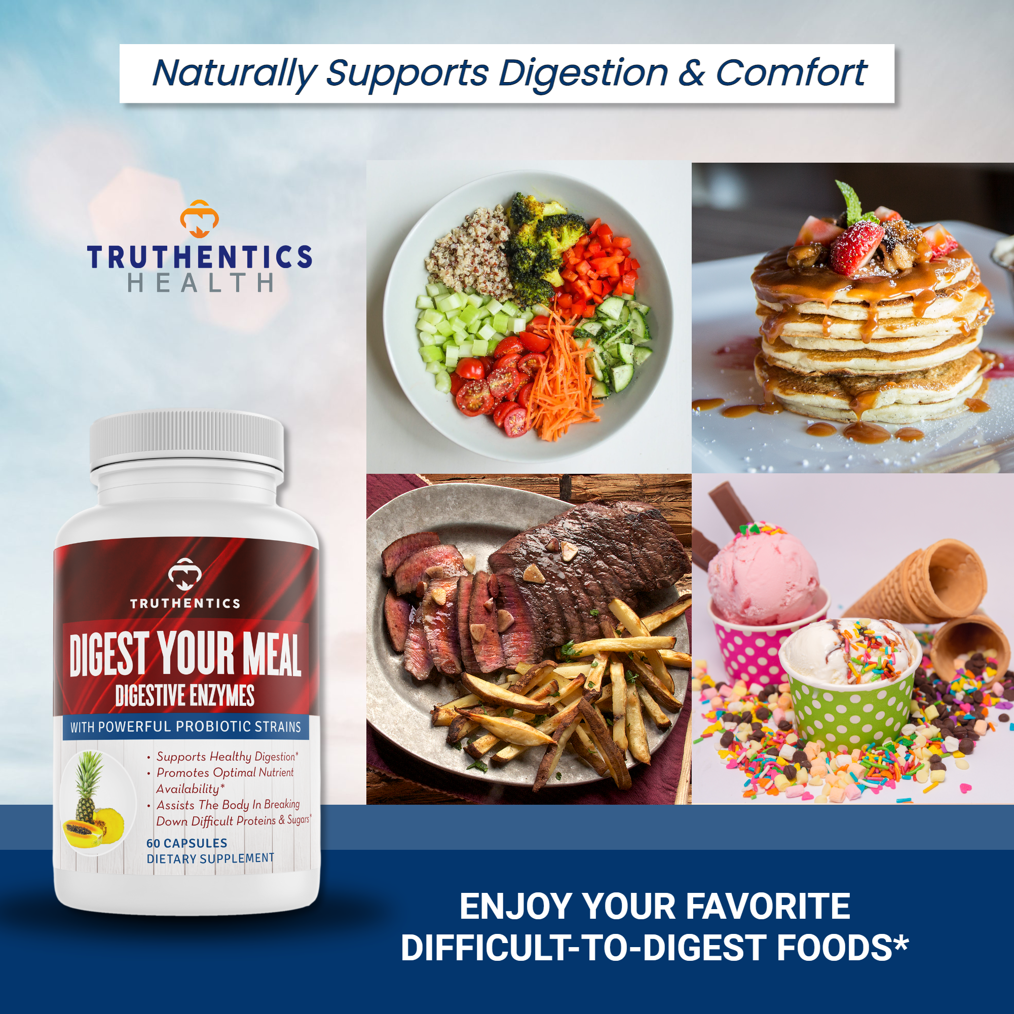 Truthentics Digestive Enzymes with Probiotics - 2 Pack - Digestive Health, Gas Bloating Constipation Relief - 120 Capsules