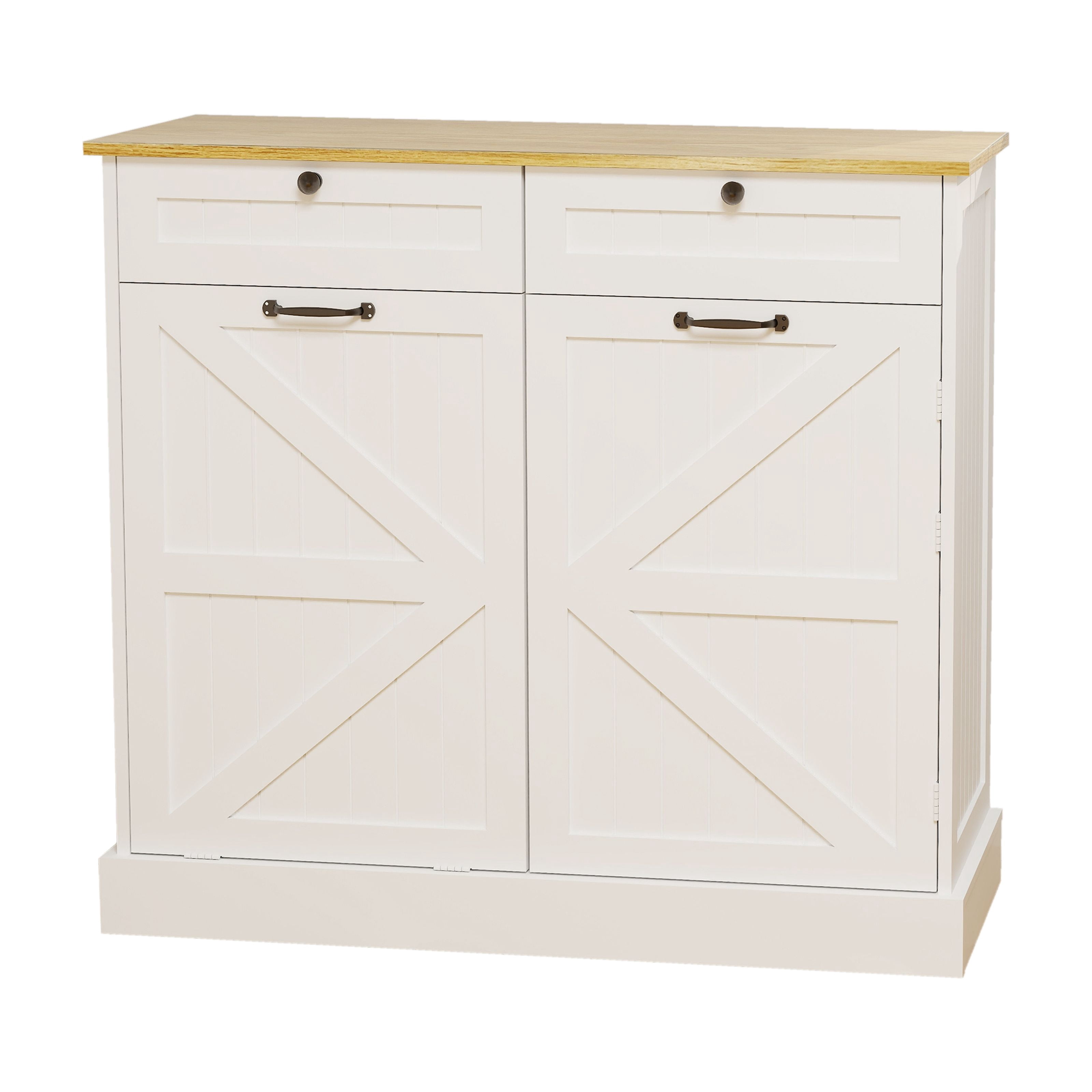 Mintazer Kitchen Trash Cabinet with 3‑Tier Storage Racks, Freestanding Storage Sideboard with 2 Drawers & Tilt‑Out 10‑Gallon Trash Compartment for Kitchen Dining Room, White