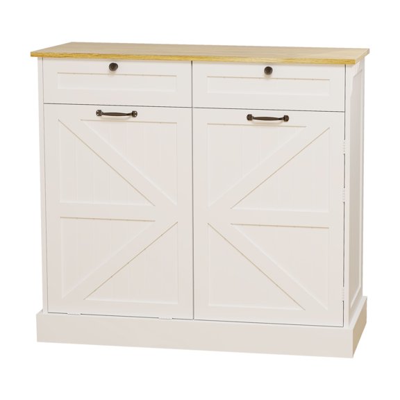 Huloretions 10 Gallon Tilt Out Trash Cabinet,Kitchen Trash Can Storage Cabinet With 2 Drawers,Recycling Cabinet With Storage Rack & 2 Shelves For Kitchen Dinning Room Living Room