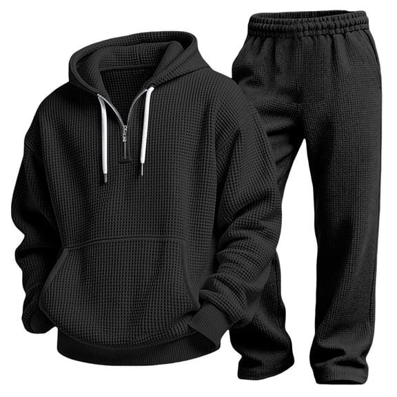 Mens 2 Piece Sets Quarter Zipper Drawstring Hooded Tops Wide Leg Pants Solid Color Fashion Outfits for Daily Wear Black XXXXL