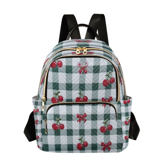 Green Gingham with Cute Cherry and Bows Quilted Backpack Fashion Daypack Commuter Bag for Women 8.5 L