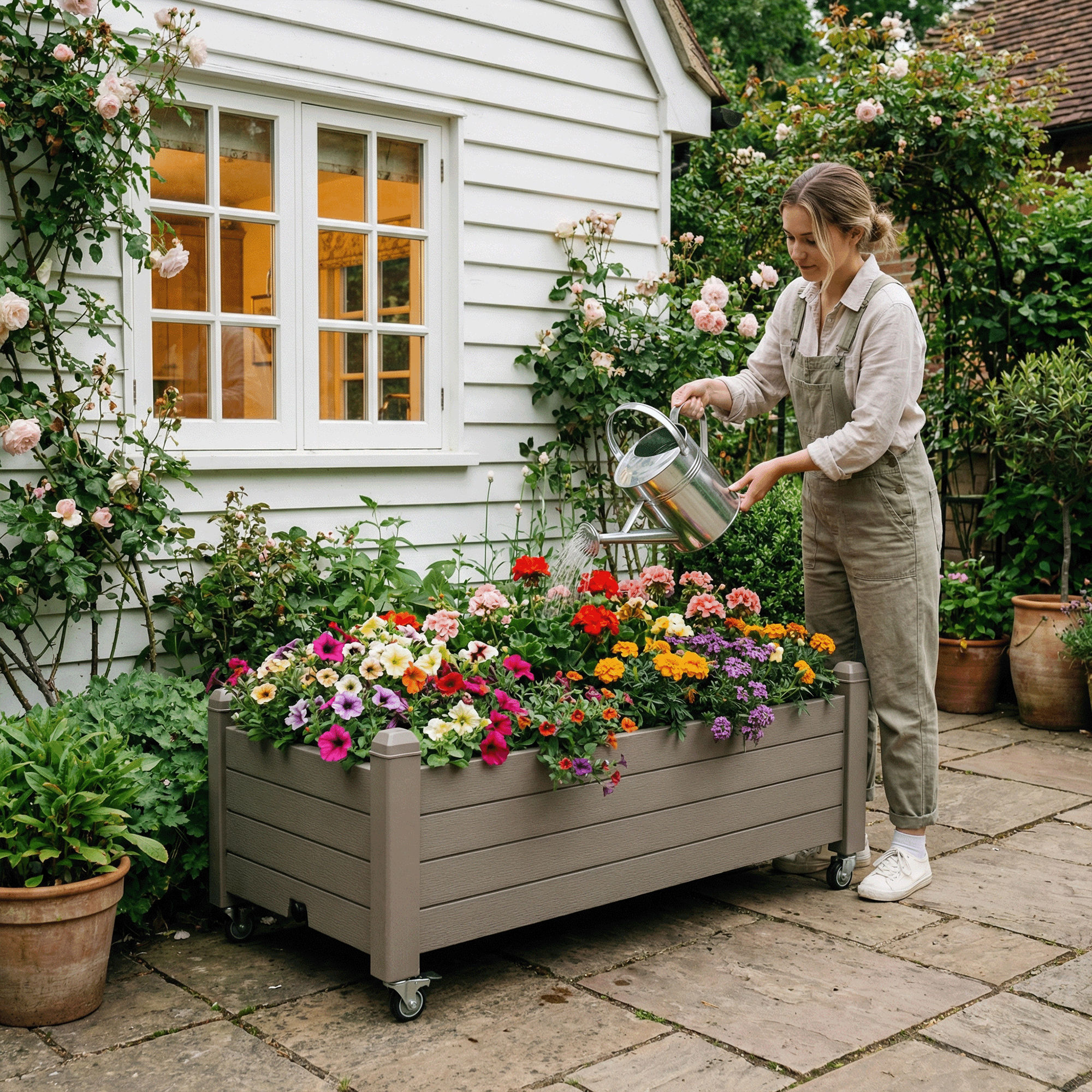 Bifanuo Durable Resin Raised Garden Bed, Plant Stand with Lockable Wheels for Flowers, Vegetables,Herbs- Perfect for Backyard, Patio, and Balcony(Gray)
