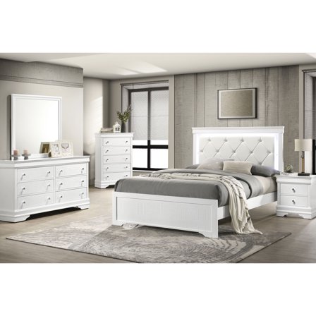 White Queen 5-piece Bedroom Set with LED Headboard / Elevate Bedroom Decor with Functional Storage