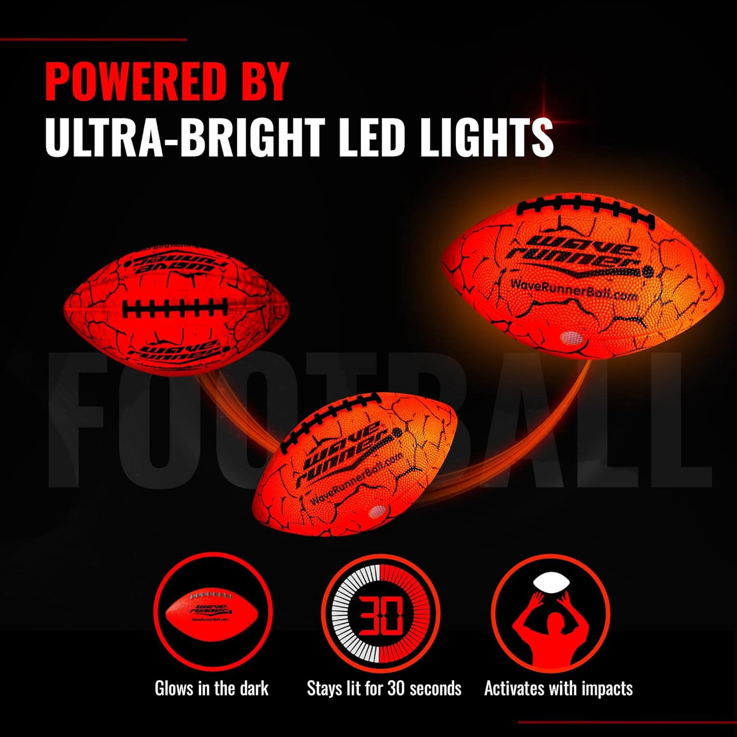 Wave Runner Grip-It LED Glow Football, Durable Orange, 10.35 in