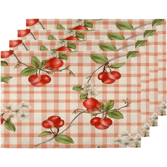 Spring Cherry Placemats Set of 4,12x18 Inch Heat Resistant Non-Slip Table Mats for Dining Table, Washable Place Mats for Wedding, Party, Home Decor