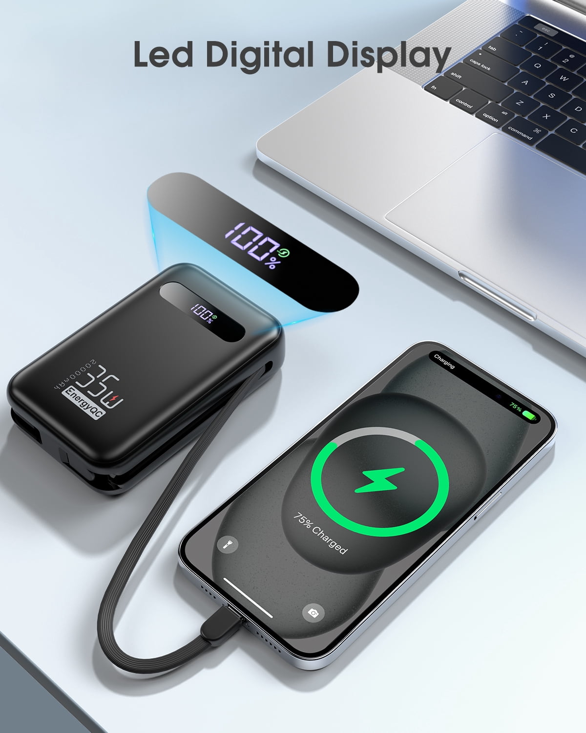 EnergyQC Power Bank PD 3.0+QC 4.0 Fast Charging, 20,000mAh Portable Charger with USB-C Cables, Black