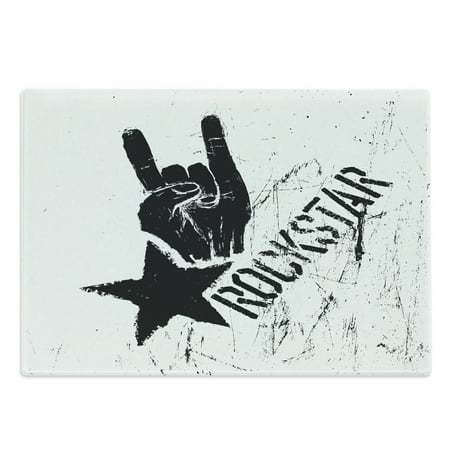 

Rock Cutting Board Grunge Effect Monochromatic Illustration of Rockstar Hand Sign and Star Decorative Tempered Glass Cutting and Serving Board in 3 Sizes by Ambesonne