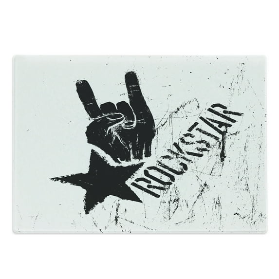 Rock Cutting Board, Grunge Effect Monochromatic Illustration of Rockstar Hand Sign and Star, Decorative Tempered Glass Cutting and Serving Board, in 3 Sizes, by Ambesonne