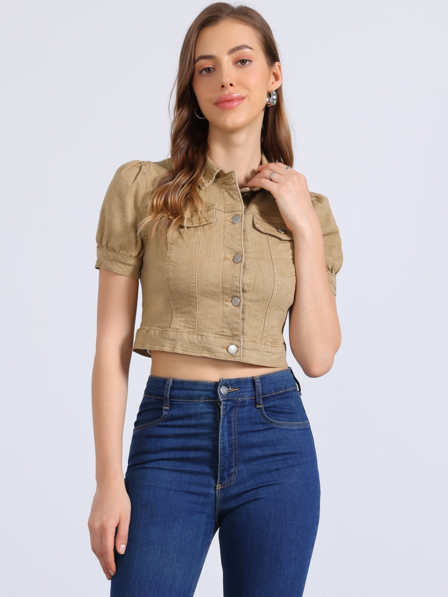 DARING DIVA Women's Cropped Jackets Puff Button Down Washed Denim Jean Jacket XL Khaki