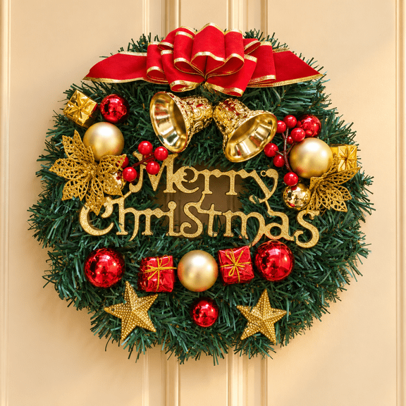 Kabuer Christmas Wreaths ,Small Xmas Wreath with Bow Bell Flower for Christmas Front Door Wall Decor, 12 inch