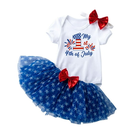 

ZRBYWB Girl Clothes Independence Day Short Sleeve Letter Print Romper Bodys Mesh Skirt With Headband 3PCS Outfits Clothes Set