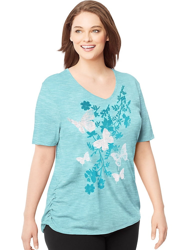 Just My Size Women's Cotton V-Neck T-Shirt - Soft Jersey Tee With Shirttail Hem, Sizes Up To 20