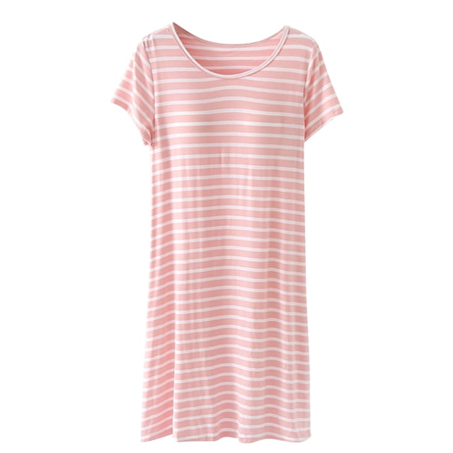 Tnhcen Robe de Pyjama à Rayures en Modal pour Femme avec Coussinets de Soutien-Gorge Intégrés - Vêtement de Nuit Doux et Confortable Col Ras du Cou Manches Courtes Tissu Extensible Facile d'Entretien Tenue Décontractée à la Maison M-3TG