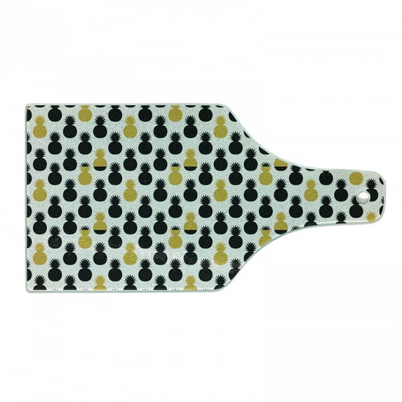 Yellow and Black Cutting Board, Exotic Getaway Themed Illustration Fresh Summer Season Food, Tempered Glass Cutting and Serving Board, Wine Bottle Shape, Earth Yellow and Black, by Ambesonne