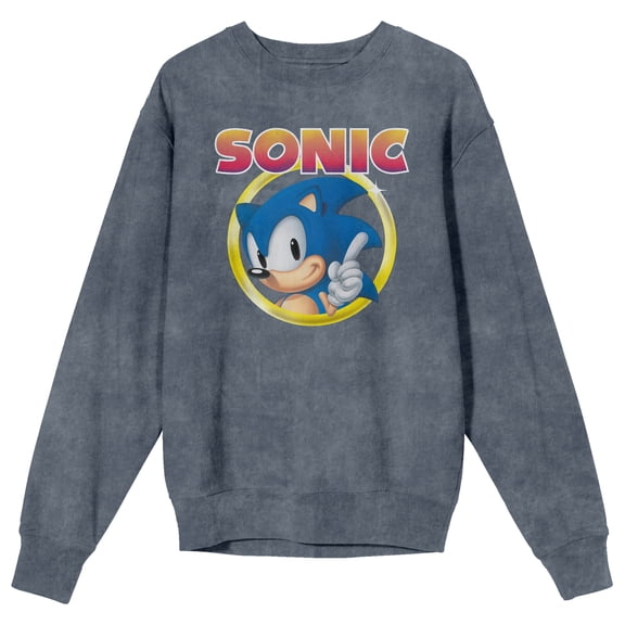 Sonic The Hedgehog Golden Ring Adult Mineral Wash Dark Slate Crew Neck Long Sleeve Sweatshirt-Medium