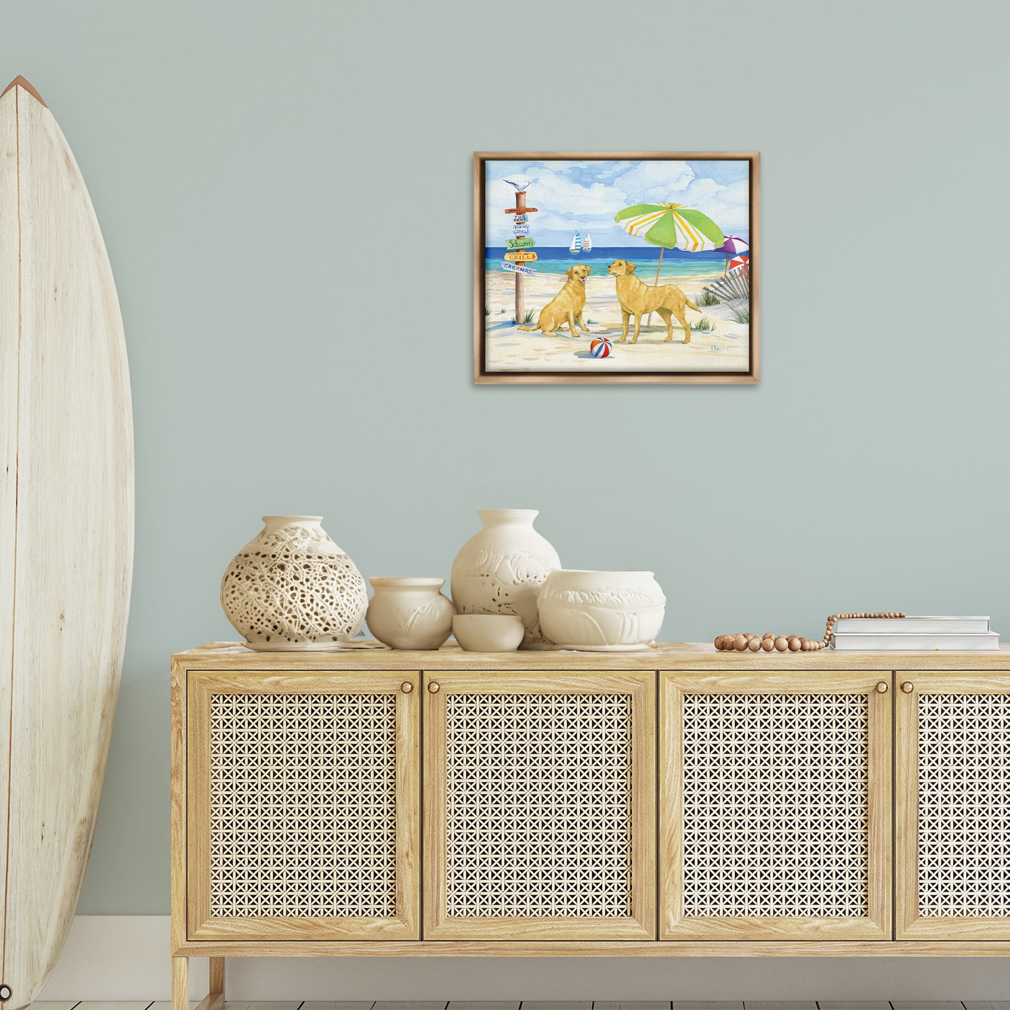 Stupell Industries Dog Beach Day Animals & Insects Painting Brown Floater Framed Canvas Art Print Wall Art, 21 x 17