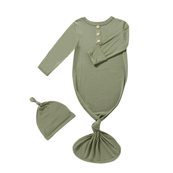 Zwiiyzr Newborn Knotted Nightgown Long Sleeve with Matching Hat Set 2 Piece Baby Sleeper Gowns Sleeping Bags Home Outfits Set for Boys Girls 0-6 Months Green