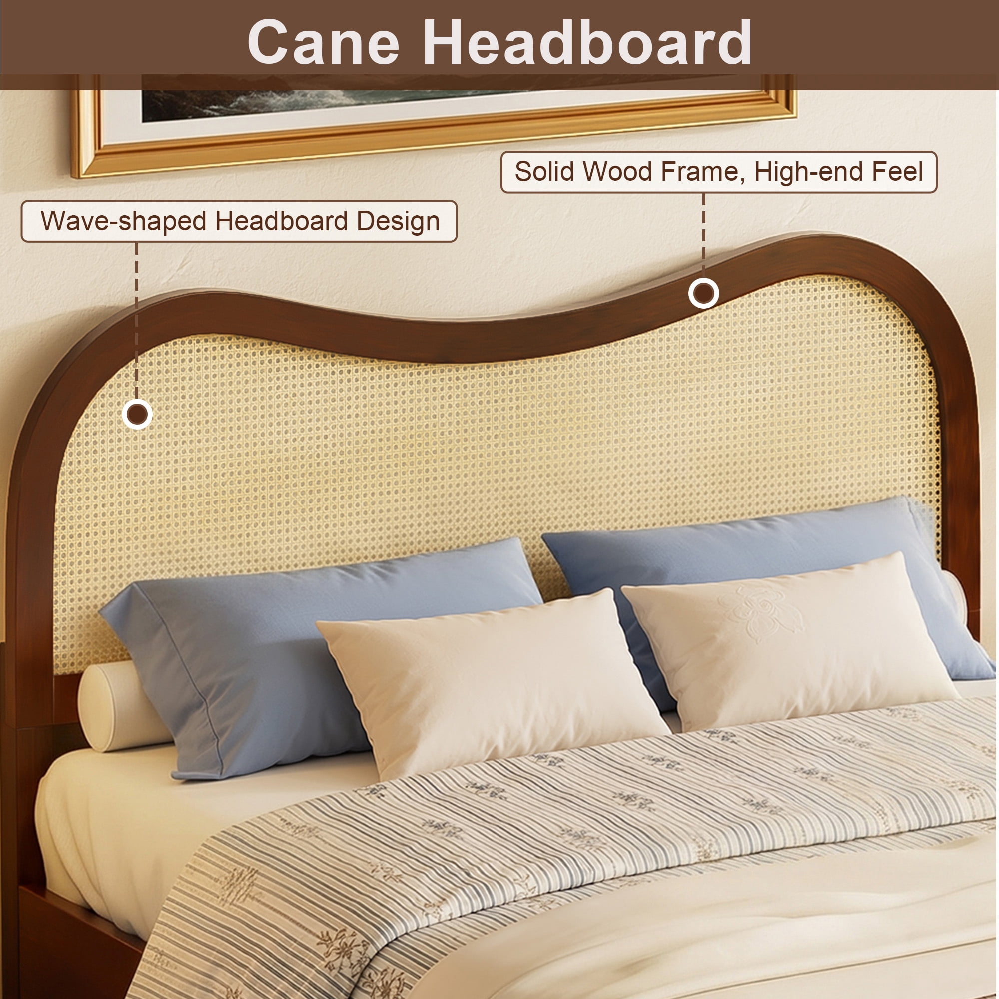 Euroco Queen Size Mid-Century Wood Platform Bed with Curved Rattan Cane Headboard, Scandinavian Natural Style Bed, No Box Spring Needed, Walnut