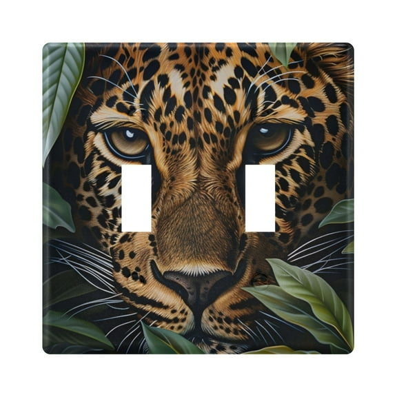 Leopard Hiding in Leaves Light Switch Plate Covers 2 Gang Wall Plate Plastics Outlet Covers for Kitchen Home Office Decor