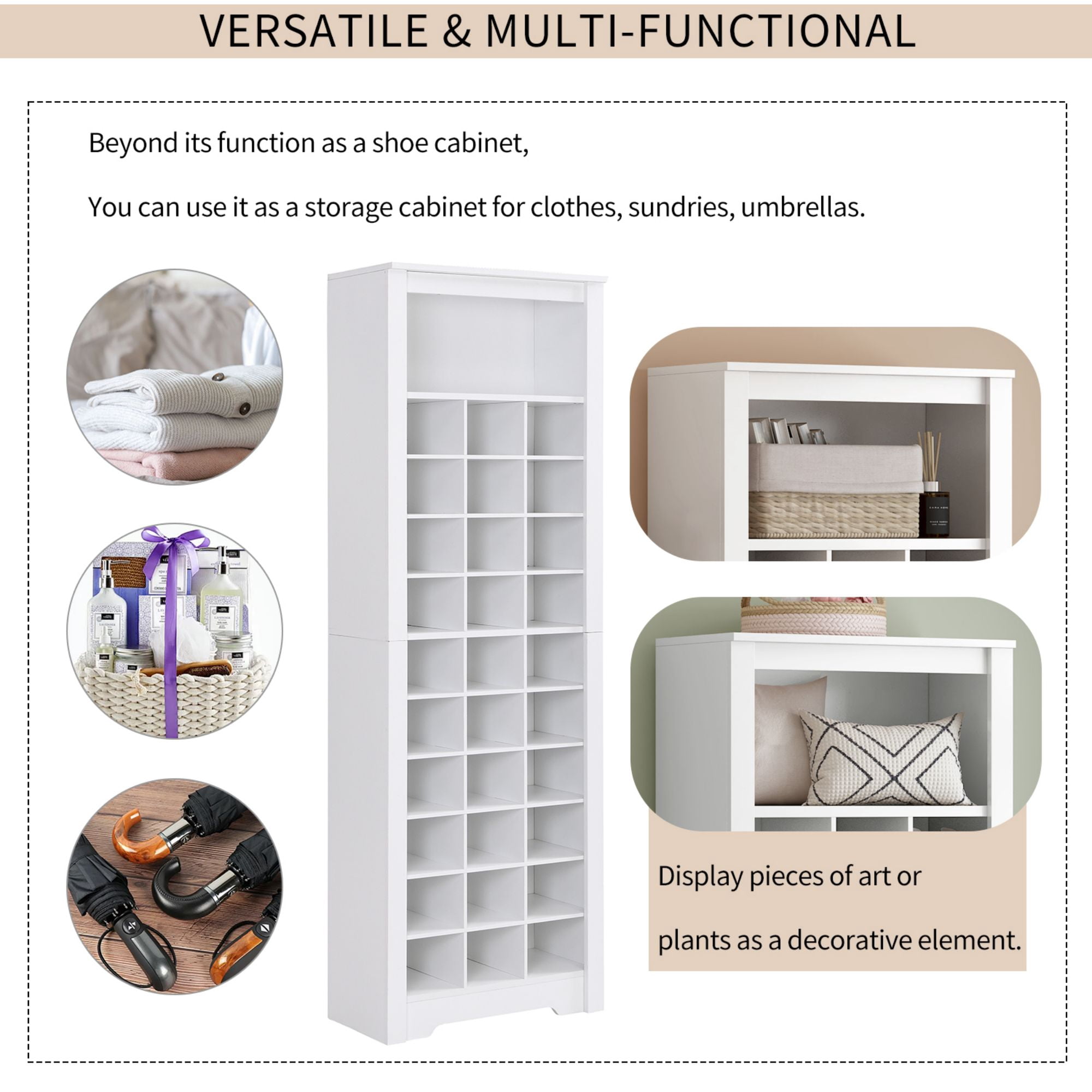 DEALTOPS Modern Freestanding Shoe Cabinet with 30 Square Shoe Compartments, Tall Stylish Shoe Rack with Large Storage Capacity for Entryway - White