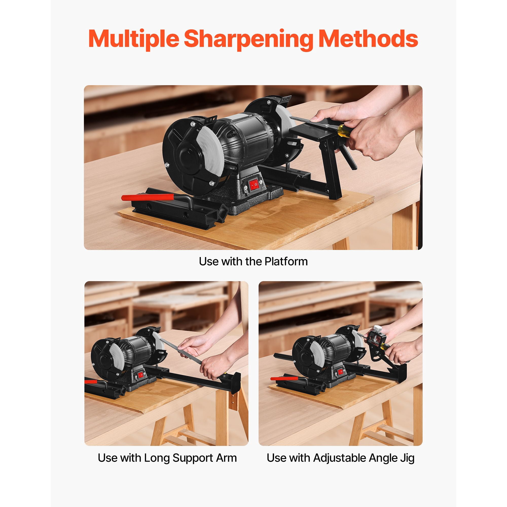 Multi-Grind Sharpening Kit with Platform Worktable, Long Support Arm, Fingernail Gouge Jig, for 6" & 8" Bench Grinders