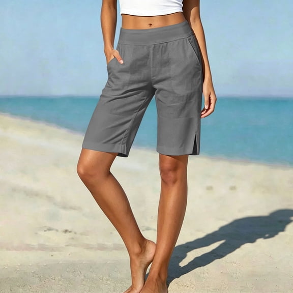 Costeam Womens Knee Length Bermuda Shorts Side Split Hem Side Slip Pockets Wide Fold Over Elastic High Waist Lightweight Wrinkle Resistant Loose Vacation Casual Bottoms