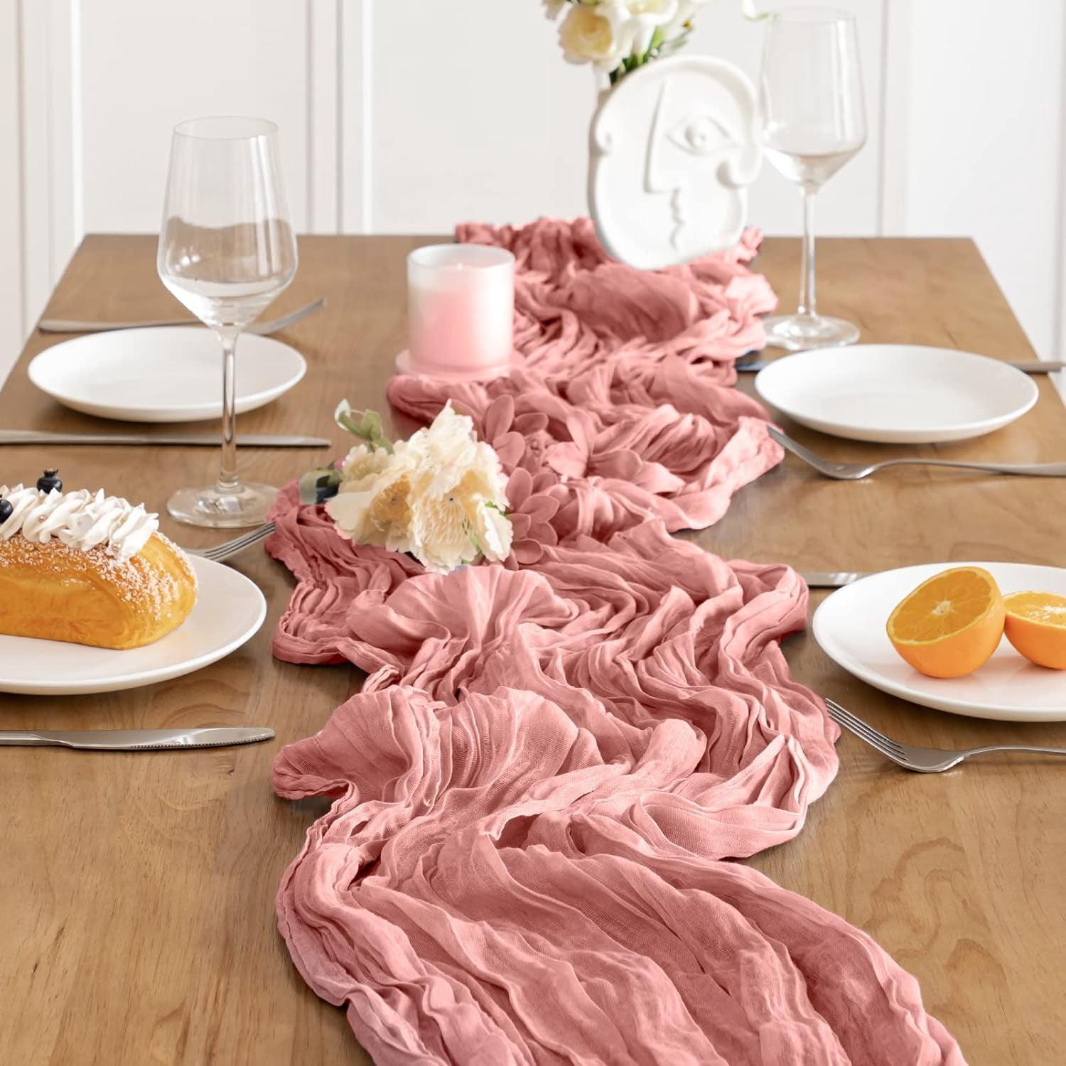 HBlife 10 Pack Dusty Blush Cheesecloth Table Runner, 35 x 120 Inch Boho Gauze Table Runner Rustic Romantic Long Table Runner for Wedding Party Bridal Birthday Baby Shower Table Decorations