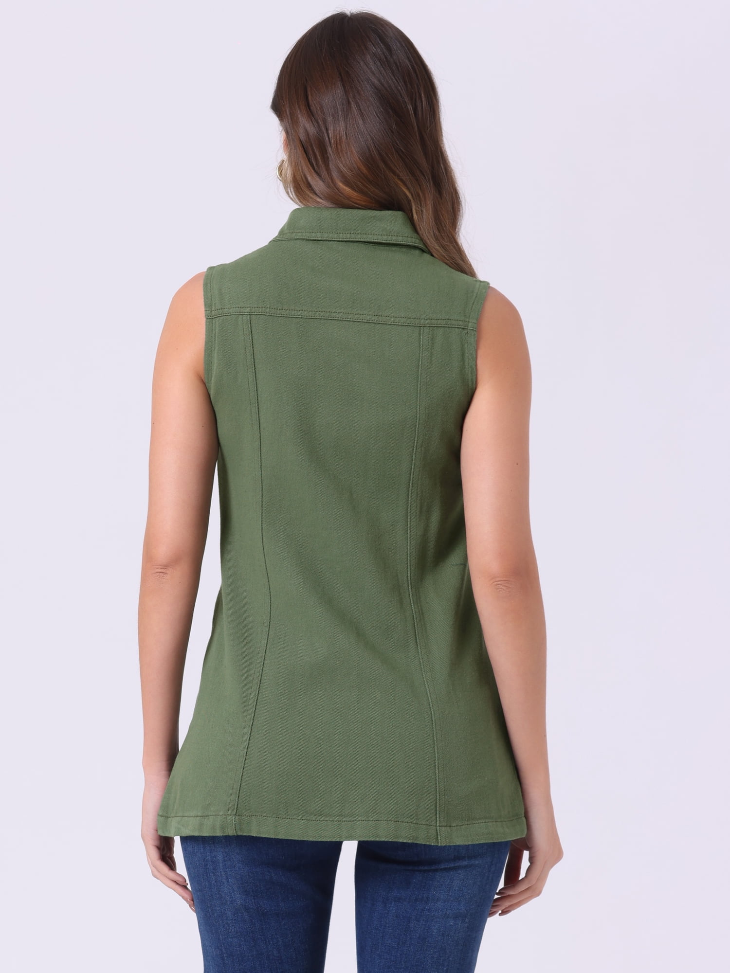 DARING DIVA Women's Button Down Sleeveless Pockets Mid-Long Denim Vest S Army Green