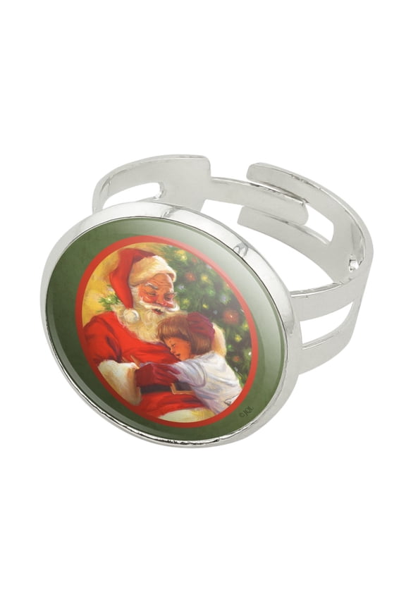 Christmas Holiday Jolly Santa and Child Silver Plated Adjustable Novelty Ring