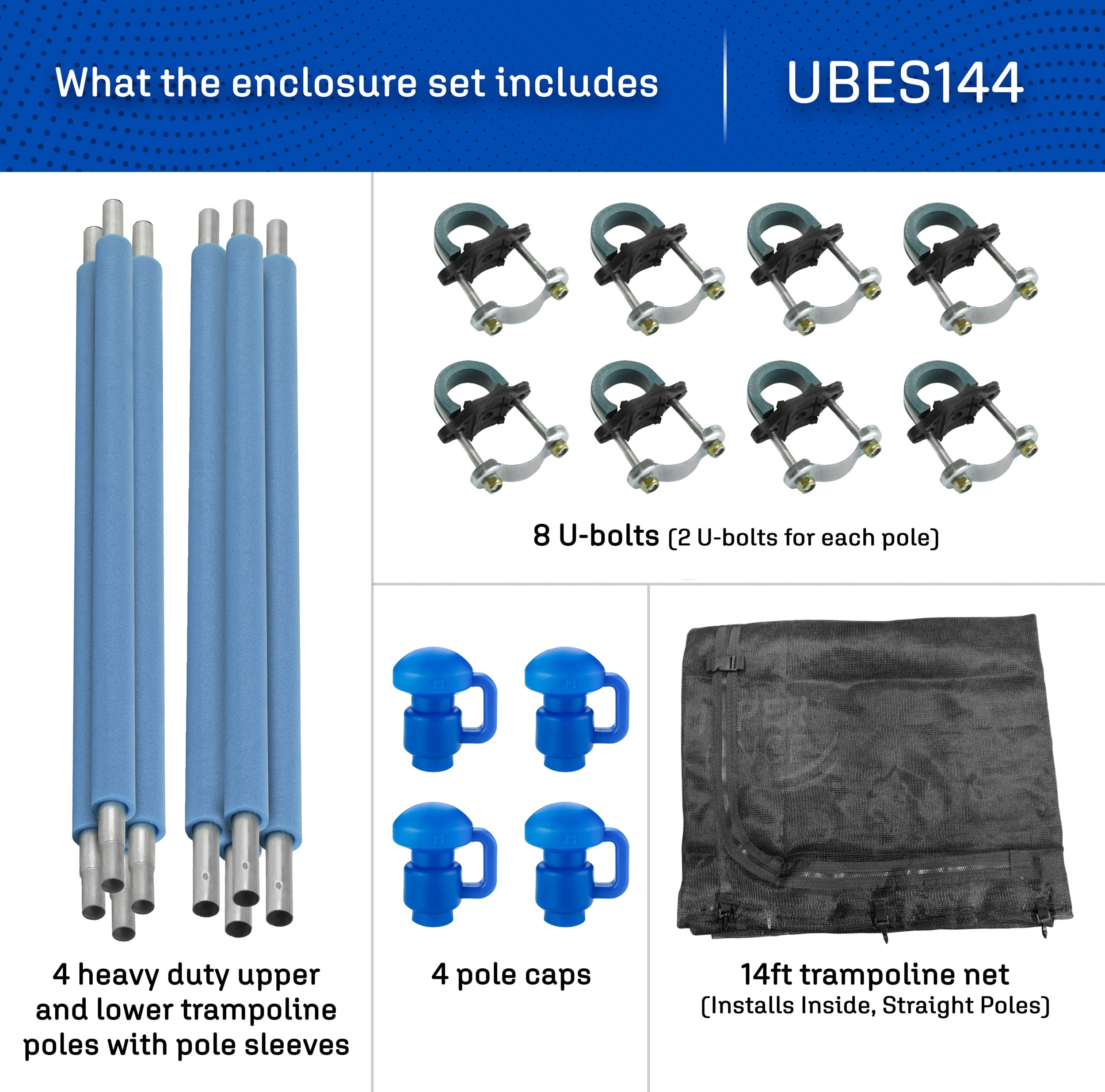 Machrus Upper Bounce Trampoline Safety Enclosure Set including Trampoline Net, 4 Trampoline Poles, Caps and Trampoline Pole Foam Sleeves - Fits 14ft Round Trampoline Frame - Installs Inside the Frame