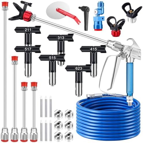 22Pcs Airless Paint Sprayer Gun Kit, 3600PSI Airless Spray Gun with 50Ft High Pressure Hose & 6Pcs Reversible Spray Tips & 4Pcs Extension Rod & 6Pcs Filters & Guide Tool & Nozzle Seat