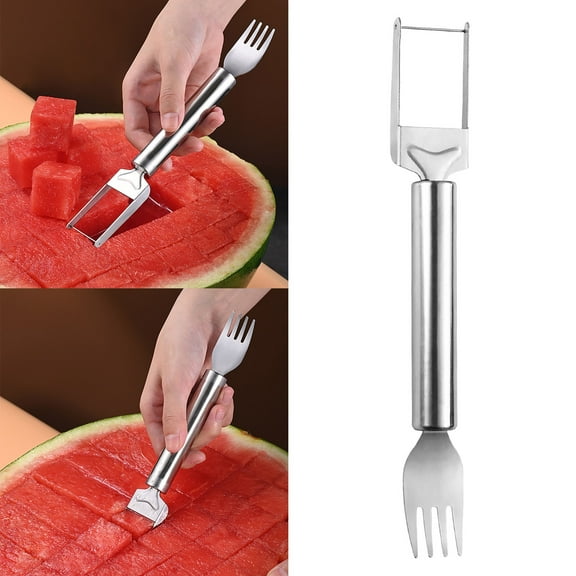 2-in-1 Stainless Steel Fruit Cutter, Watermelon Fork Slicer Tool, Watermelon Slicer and Fork, Dual Head Knife with Round Handle for Kitchen Fruit Cubes (1Pcs)
