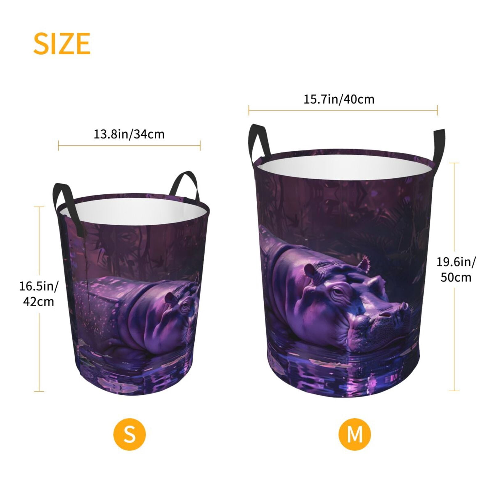 Large Laundry Basket with Handles - Purple Hippo In Water Kids Baby Dirty Clothes Laundry Hamper for Bedroom Aesthetic