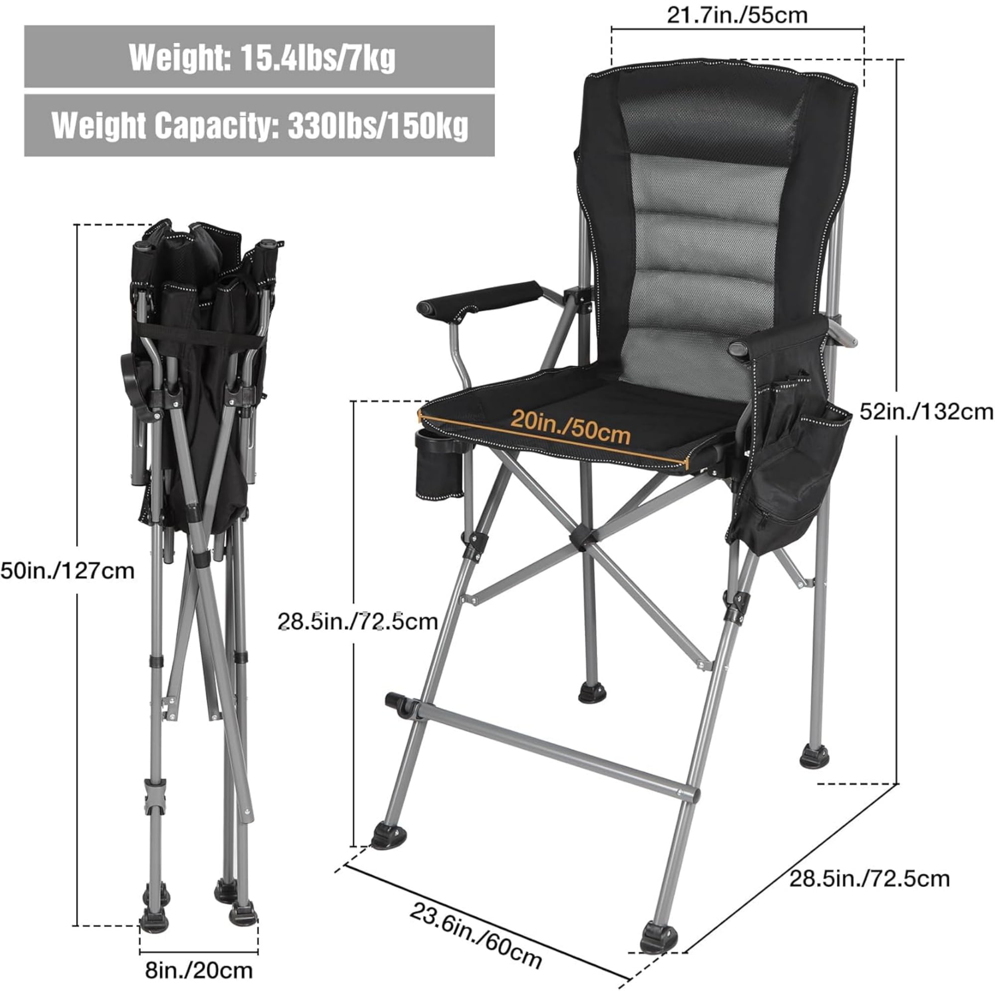 REDCAMP Extra Tall Folding Chairs for Adults 330lbs, Portable Bar Height Foldable Director Chairs for Camping Outside, Comfortable with Makeup Pocket, High Back and Footrest, Black