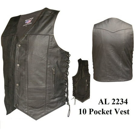 44 Pocket - Men's 44 Size 10 Pockets Split Cowhide Leather 2 Front Pockets Vest With Antique Brass Hardware