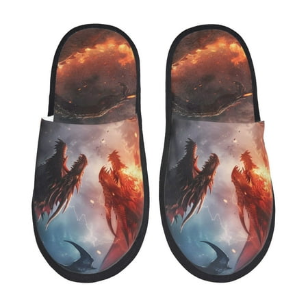 Balery Fire Sky Dragon Slient Indoor Furry Fleece Comfort House Shoes Soft Non-Slip Home Shoes Cotton slippers House Slippers-- Large