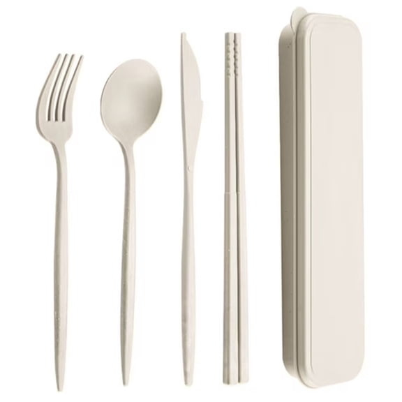 SomWiBe Plastic Cutlery Set 4 PCS Reusable Portable Travel Utensils With Case Fork Spoon Knife Chopsticks Set Beige 1 Pack