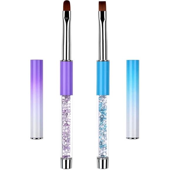 Ycyan Juego de 2 pinceles para uñas de gel UV ovalados y planos con mango de diamantes de imitación, pinceles profesionales para diseño de uñas multicolor