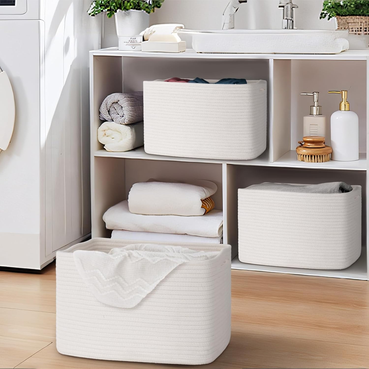 Natubeau 3 Pack Cotton Rope Woven Storage Baskets for Shelves, Foldable Organizer Bins for Toys Towels Books, White Nursery Storage Basket Shelf Organizer