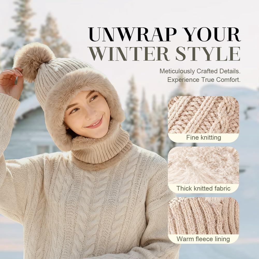 ABPETE 3 in 1 Beanie Hat for Women, Windproof Balaclava Scarf with Face Cover,Winter Outdoor Knitted Ski Scarf and Mask Set