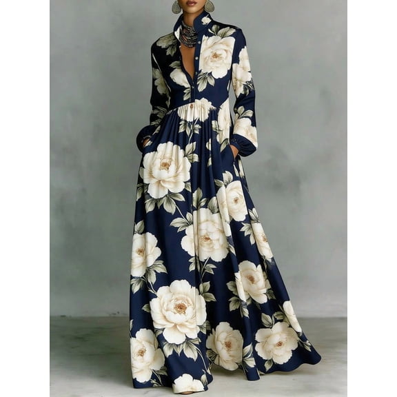 Navy Floral Print High-Collar Long Sleeve Shirt Dress With Button Front And Pockets