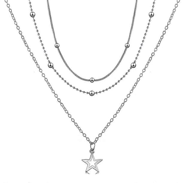 Cutout Star Choker Necklace Layered Star Pendant Necklace Vintage Silver Satellite Necklace Layered Beaded Necklace Girls Jewelry