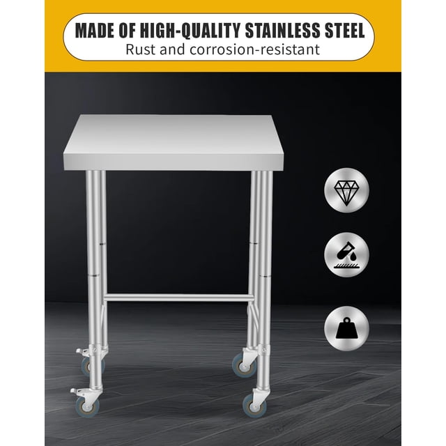 Table de Travail de Cuisine en Acier Inoxydable Robuste – Table Utilitaire de Préparation Commerciale NSF avec Base Ouverte, Pieds Ajustables, Roue Verrouillable, pour Restaurant, Maison, Garage, Buanderie, Atelier, Taille : 18x32x35 Po,