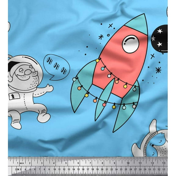 Soimoi Blue Cotton Voile Fabric Rocket & Penguin Cartoon Print Sewing Fabric Yard 42 Inch Wide