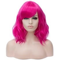 BERON Hot Pink Short Wigs Curly Wavy Women Wig with Side Part Bangs Synthetic Hair Wigs