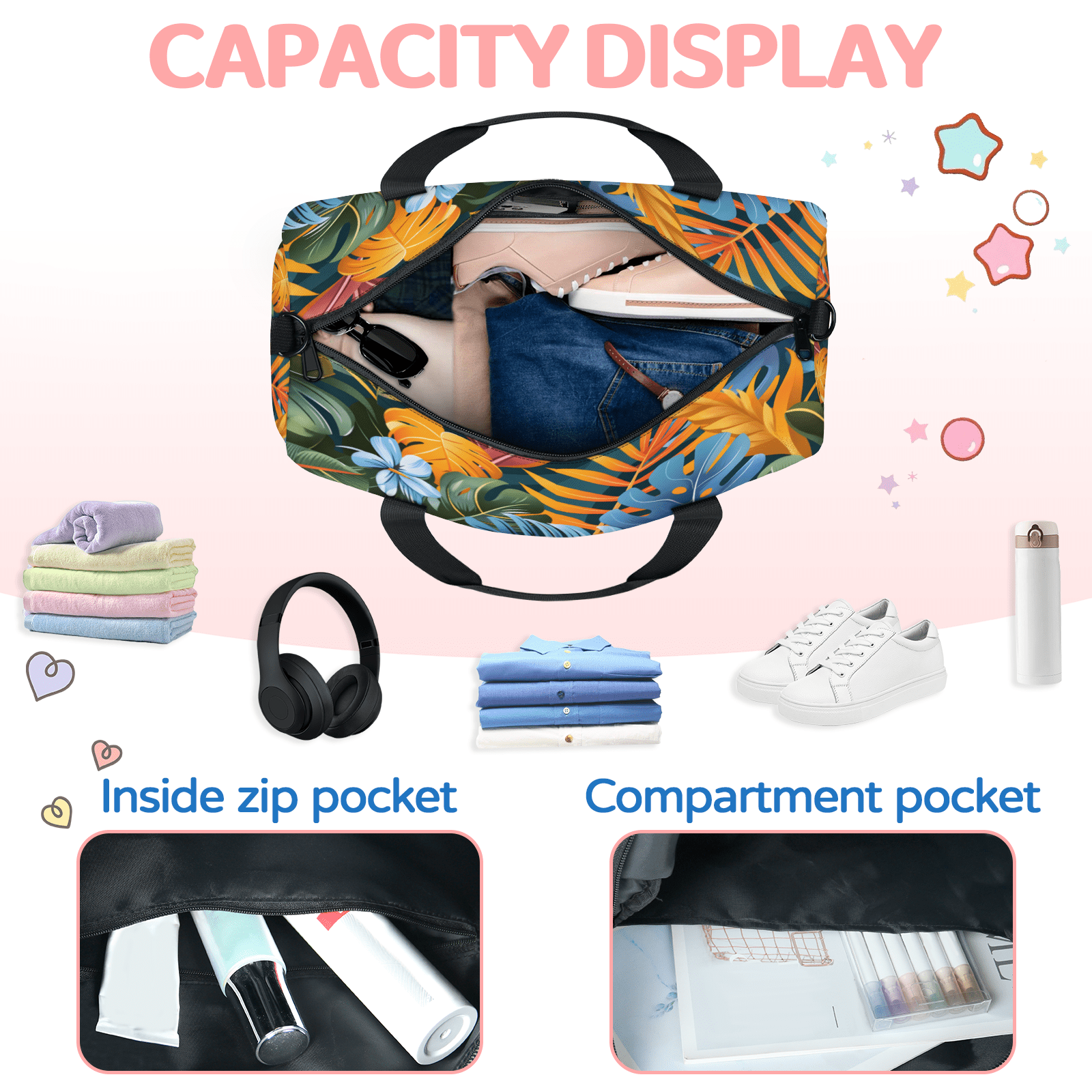 Herdesigns Tropical Plant Leaf Gym Bag for Women, Duffle Bag for Travel Sport, Palm Leaves Lightweight Waterproof Carry on Weekender Dance Yoga Workout Bags