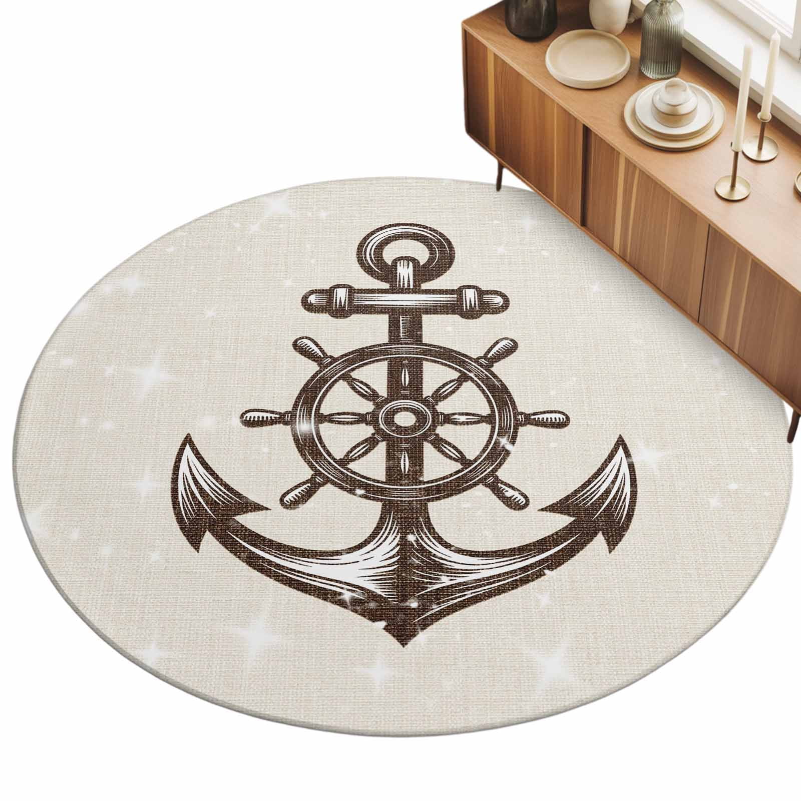 Large Round Rug 8Ft, Nautical Anchor Non-Slip Washable Circle Rugs Carpet, Vintage Coastal Rudder Farmhouse Beige Indoor Outdoor Rug Floor Mats Throw Runner for Bedroom Living Room Bathroom
