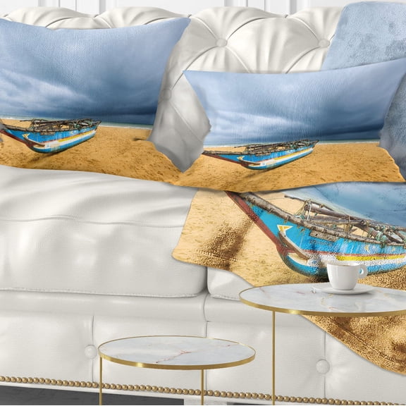 Designart Fishing Boat On Beach with Dark Clouds - Seashore Throw Pillow - 12x20